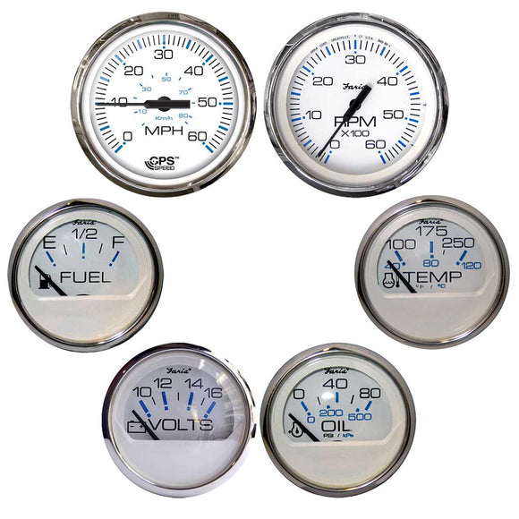 Faria Chesapeake White w-Stainless Steel Bezel Boxed Set of 6 - Speed, Tach, Fuel Level, Voltmeter, Water Temperature  Oil PSI [KTF063] - Faria Beede Instruments