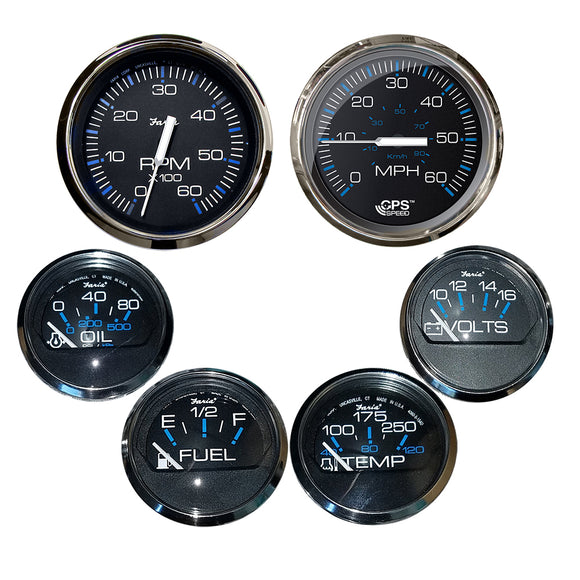 Faria Box Set of 6 Gauges - Speed, Tach, Fuel Level, Voltmeter, Water, Temp  Oil PSI - Chesapeake Black w-Stainless Steel Bezel [KTF064] - Faria Beede Instruments
